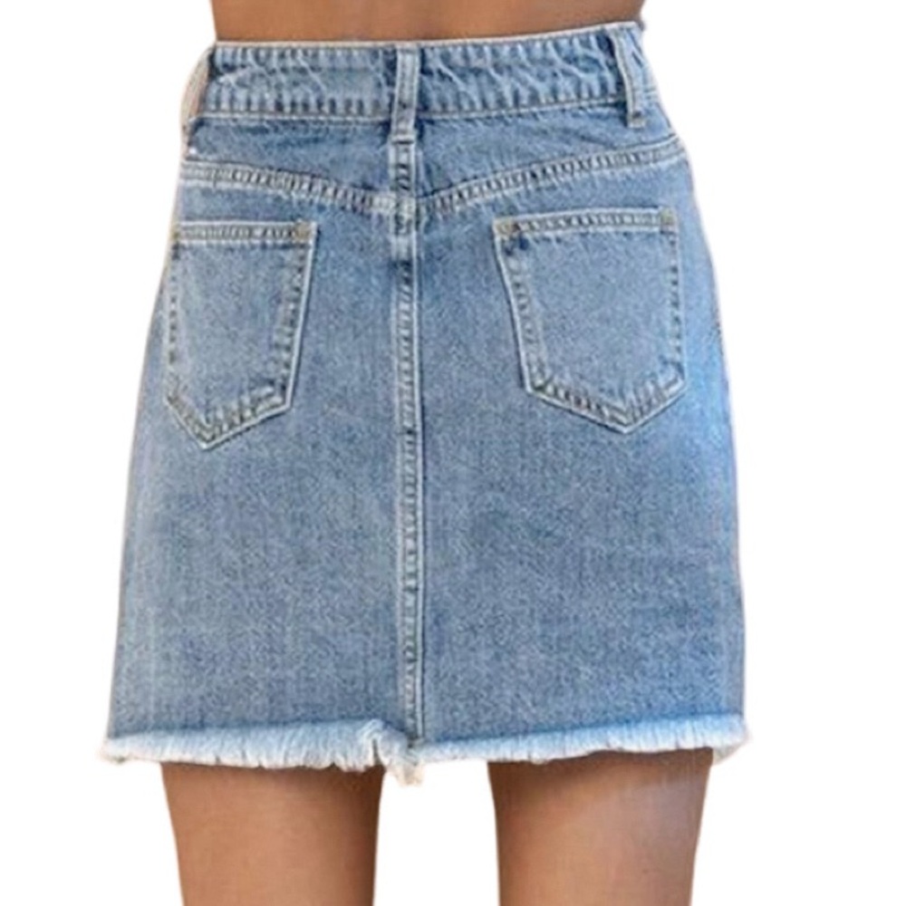 Blue Denim Mini Skirt with Fringe & Rhinestone Trim - Picture 2 of 7